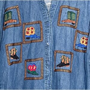 Way To Go Denim Embroidered Shirt Women's Large Blue Button Up Western Rodeo